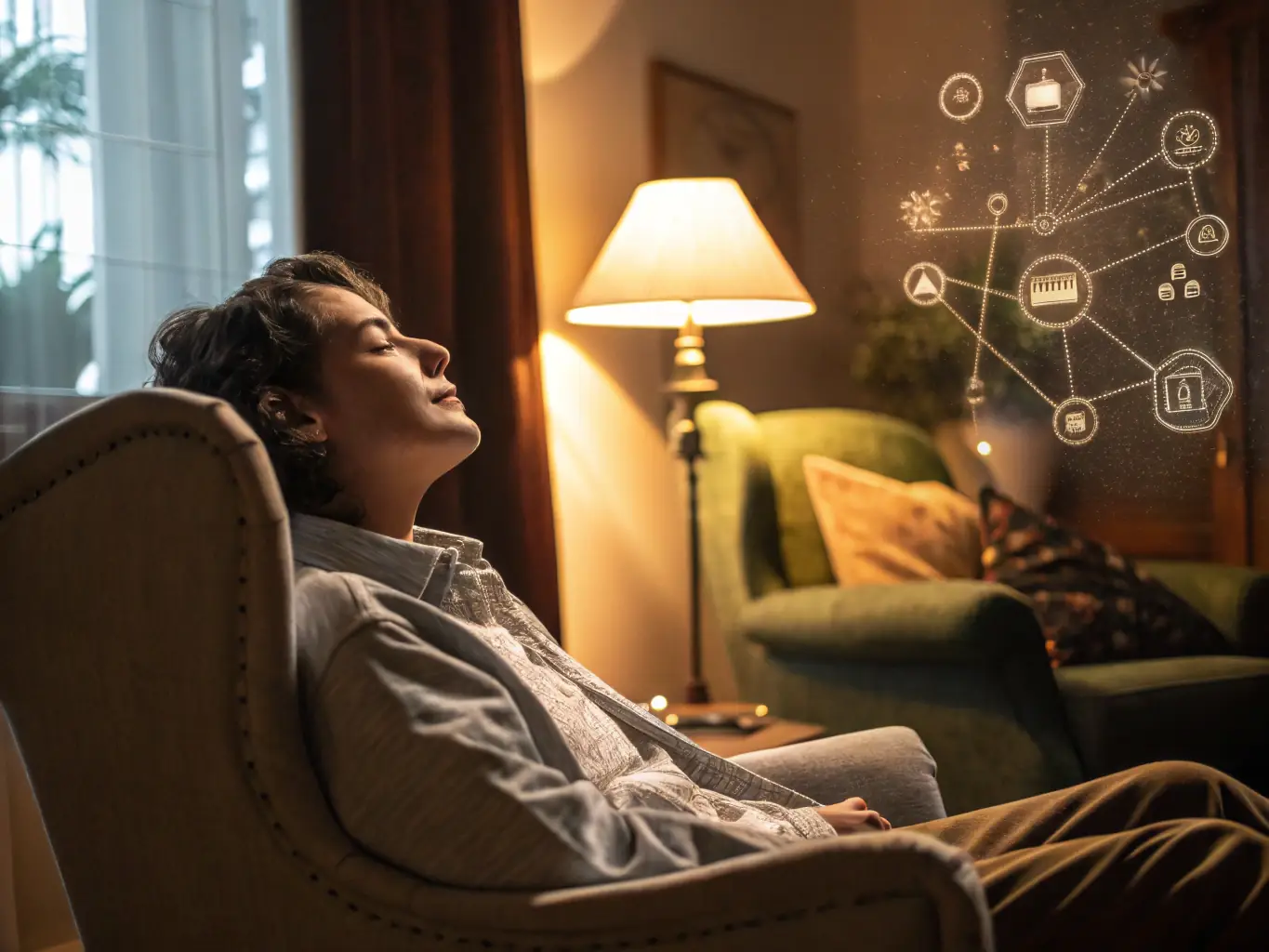 A person looking peaceful and relaxed after a support session, sitting in a comfortable chair with soft lighting in the background, symbolizing stress relief.