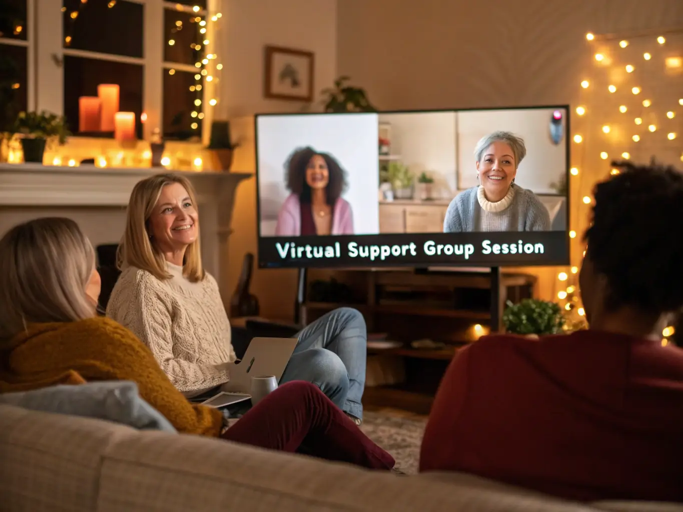 A diverse group of people connecting virtually through a video call, smiling and supporting each other, illustrating the sense of community within Connections Arc.