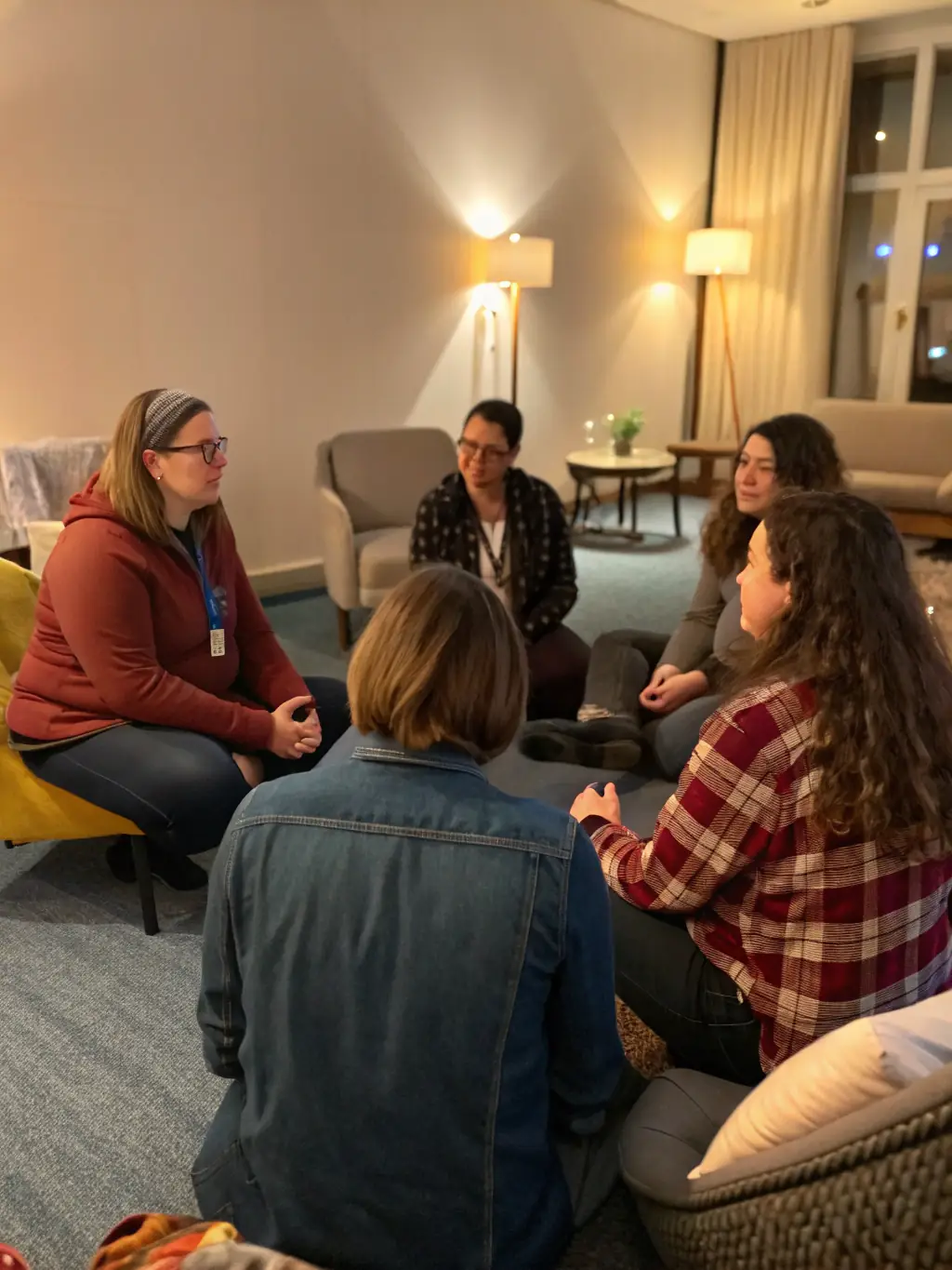 A diverse group of people engaged in a supportive group session, facilitated by a Connections Arc human support specialist.